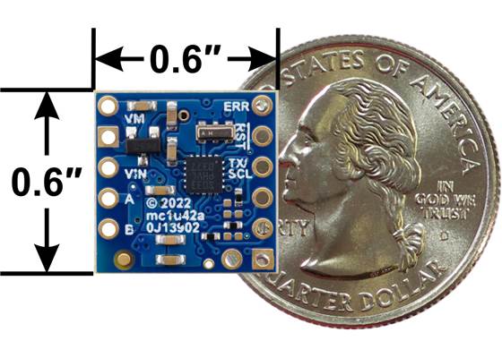 Motoron M1U256 Single Serial Motor Controller, bottom view with dimensions.