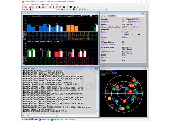 GNSS Firebird application showing data from an LC20031-V2 module inside Pololu’s offices.