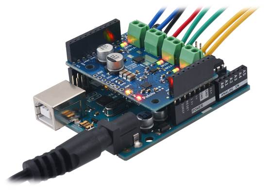 Motoron M3S550 shield being controlled by an Arduino Uno.