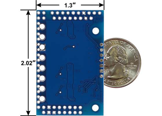 Motoron M3S550 Triple Motor Controller Shield Kit for Arduino, bottom view with dimensions.