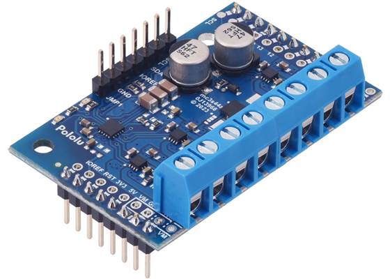 Motoron M3S550 Triple Motor Controller Shield Kit for Arduino, assembled with the larger (5mm-pitch) blue terminal blocks.