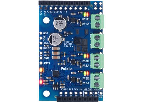 Motoron M3S550 Triple Motor Controller Shield for Arduino (Connectors Soldered), top view.