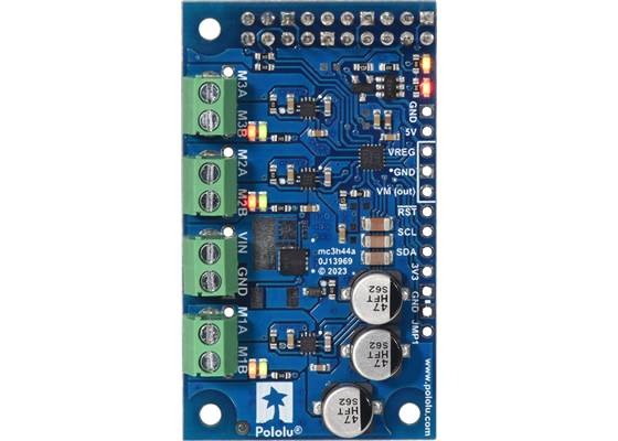 Motoron M3H550 Triple Motor Controller for Raspberry Pi (Connectors Soldered), top view.