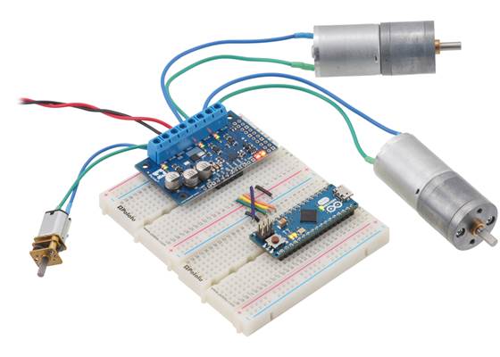An Arduino Micro on a breadboard using a Motoron M3H550 to control three motors.