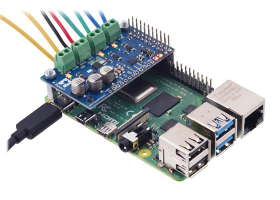 A Motoron M3H550 being controlled by a Raspberry Pi.