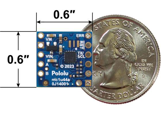 Motoron M1T550 Single I²C Motor Controller, bottom view with dimensions.