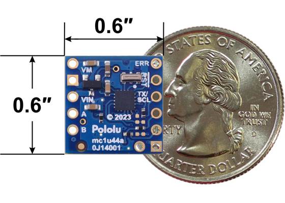 Motoron M1U550 Single Serial Motor Controller, bottom view with dimensions.