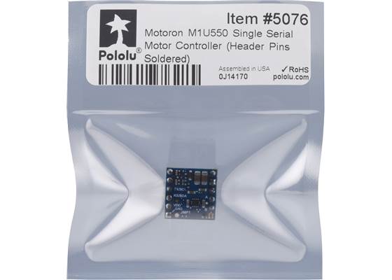 Standard packaging for the Motoron M1U550 Single Serial Motor Controller (Header Pins Soldered).