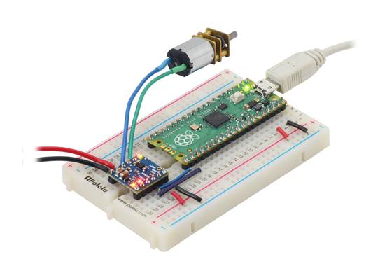 A Raspberry Pi Pico on a breadboard using a Motoron M1T550/M1U550 Motor Controller to control a motor.