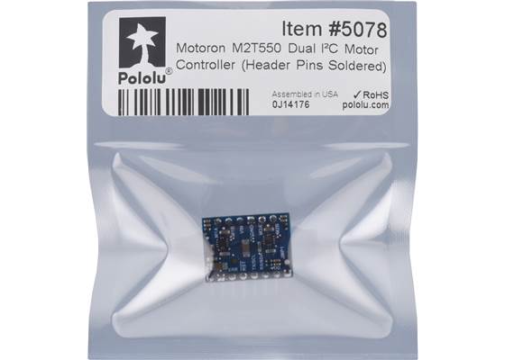 Standard packaging for the Motoron M2T550 Dual I²C Motor Controller (Header Pins Soldered).