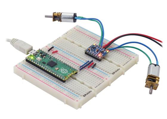 A Raspberry Pi Pico on a breadboard using a Motoron M2T550/M2U550 Dual Motor Controller to control two motors.
