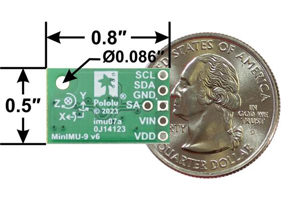 MinIMU-9 v6 gyro, accelerometer, and compass, bottom view with dimensions.