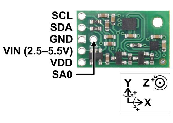 MinIMU-9 v6 gyro, accelerometer, and compass pinout.