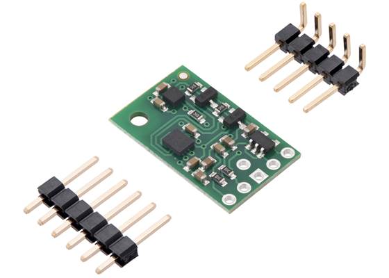 MinIMU-9 v6 gyro, accelerometer, and compass, with included optional headers.