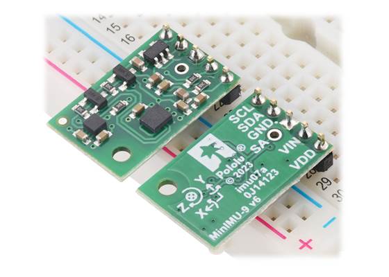 Two MinIMU-9 v6 modules in a breadboard.