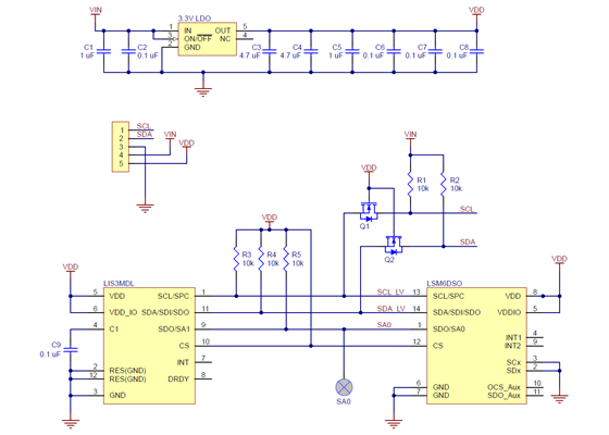 Schematic diagram of the MinIMU-9 v6 Gyro, Accelerometer, and Compass (LSM6DSO and LIS3MDL Carrier).