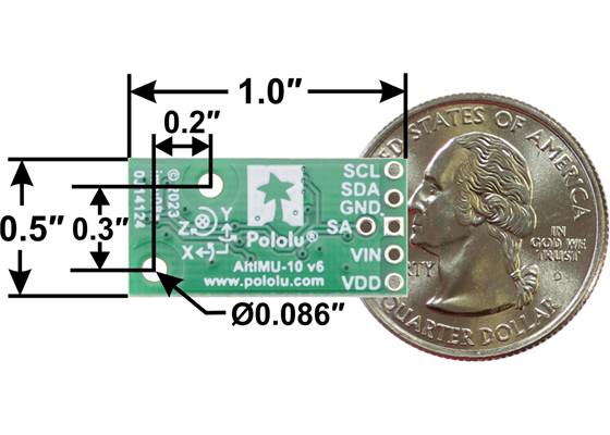 AltIMU-10 v6 gyro, accelerometer, compass, and altimeter, bottom view with dimensions.
