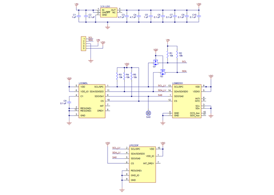 Schematic diagram of the AltIMU-10 v6 Gyro, Accelerometer, Compass, and Altimeter (LSM6DSO, LIS3MDL, and LPS22DF Carrier).