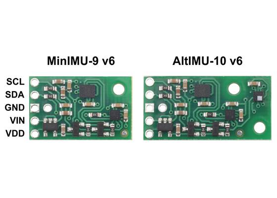 Side-by-side comparison of the MinIMU-9 v6 with the AltIMU-10 v6.