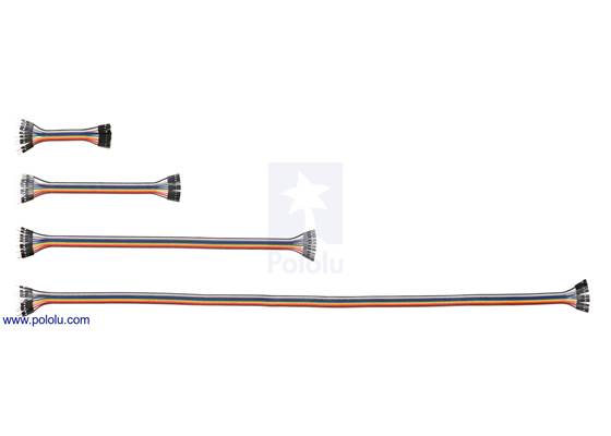 Pololu Ribbon Cable Premium Jumper Wires are available in a variety of lengths (3″, 6″, 12″, and 24″ shown; 36″ and 60″ not pictured).