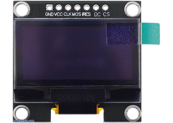 Graphical OLED Display: 128&#215;64, 1.3&quot;, White Pixels, SPI, Black PCB shown as it ships with protective film covering.