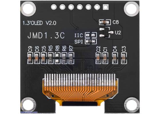 Graphical OLED Display: 128&#215;64, 1.3&quot;, White Pixels, SPI, Black PCB, bottom view.