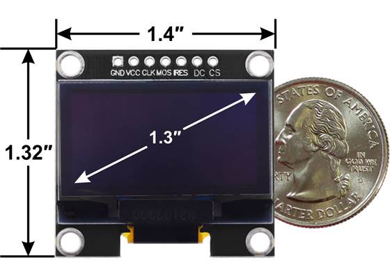 Graphical OLED Display: 128&#215;64, 1.3&quot;, White Pixels, SPI, Black PCB, top view with dimensions.