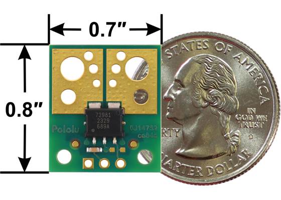 ACS72981 Current Sensor Compact Carrier basic dimensions with US quarter for size reference.