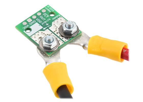 ACS37220 Current Sensor Compact Carrier with wires connected via solderless ring terminals. (1)