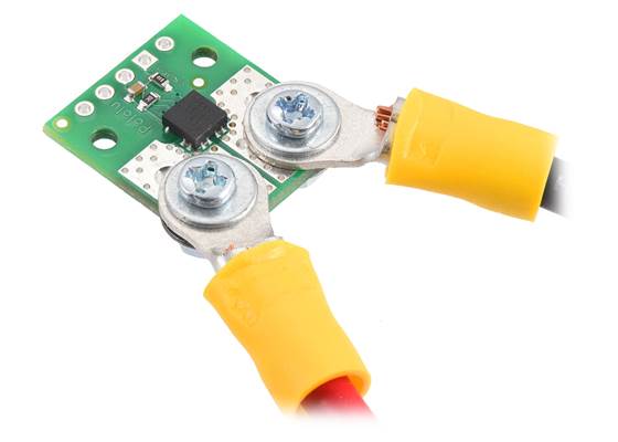 ACS37220 Current Sensor Compact Carrier with wires connected via solderless ring terminals.