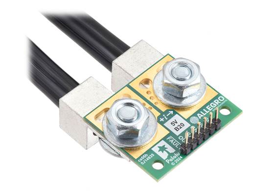 ACS37220 Current Sensor Large Carrier with wires connected via solderless lugs and header pins soldered for use with a breadboard. (1)