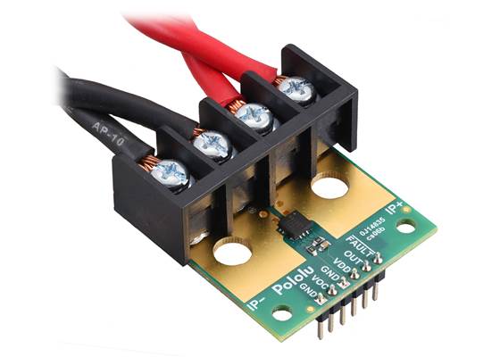 ACS37220 Current Sensor Large Carrier with wires connected via terminal blocks and header pins soldered for use with a breadboard.