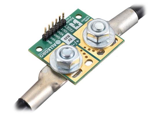 ACS37220 Current Sensor Large Carrier with wires connected via solderless ring terminals and header pins soldered for use with a breadboard. (1)