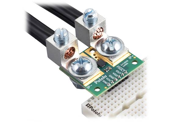 ACS37220 Current Sensor Large Carrier with wires connected via solderless lugs and header pins soldered for use with a breadboard.