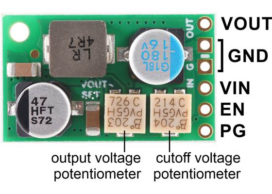 Fine-Adjust Step-Down Voltage Regulator w/ Adjustable Low-Voltage Cutoff D30V30MAxCMA labeled pinout (D30V30MASCMA version shown).