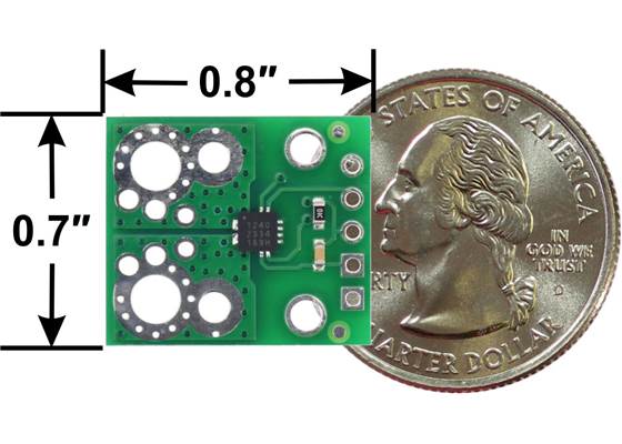 ACS71240 Current Sensor Carrier basic dimensions with US quarter for size reference.