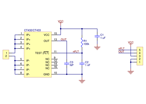 CT432/CT433 TMR Current Sensor Carrier schematic diagram.