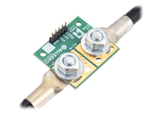 CT432-HSWF20MR TMR Current Sensor Large Carrier with wires connected via solderless ring terminals and header pins soldered for use with a breadboard. (1)