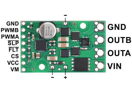 Pololu H2 High-Power Motor Driver 36v11 CS, top view with labeled pinout.