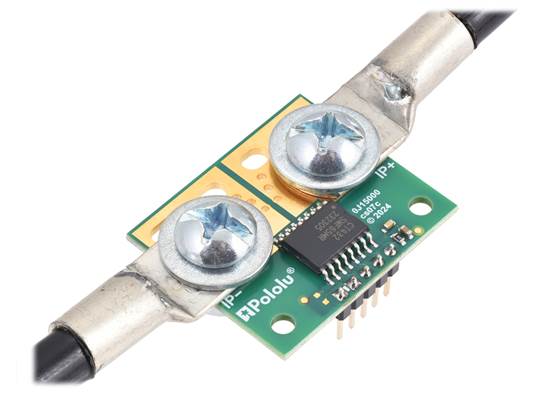 CT432-HSWF20MR TMR Current Sensor Large Carrier with wires connected via solderless ring terminals and header pins soldered for use with a breadboard.