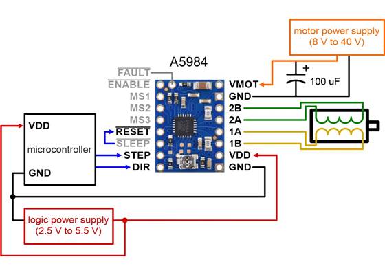Minimal wiring diagram for connecting a microcontroller to an A5984 Stepper Motor Driver Carrier, Adjustable Current, Blue Edition.