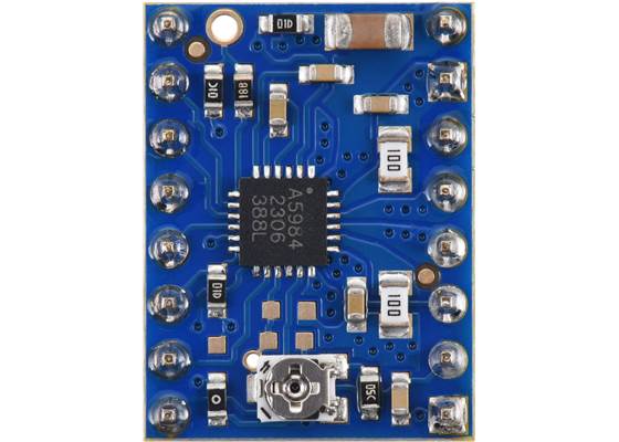 A5984 Stepper Motor Driver Carrier, Adjustable Current, Blue Edition (Soldered Header Pins), top view.