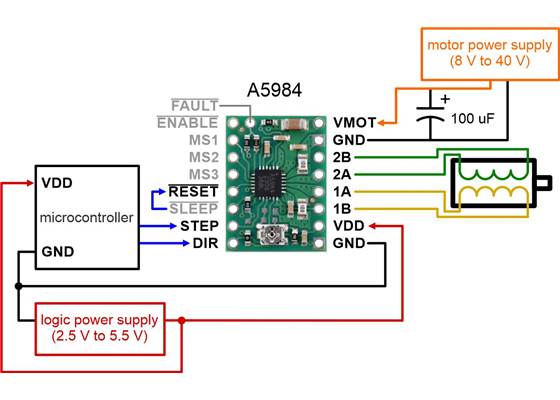 Minimal wiring diagram for connecting a microcontroller to an A5984 Stepper Motor Driver Carrier, Adjustable Current.