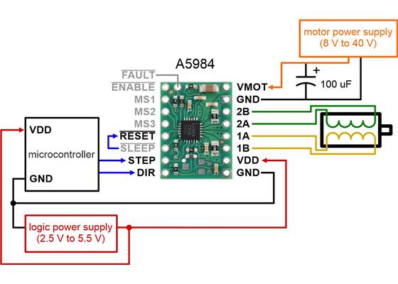 Minimal wiring diagram for connecting a microcontroller to an A5984 Stepper Motor Driver Carrier, Fixed 750mA@5V / 500mA@3.3V.