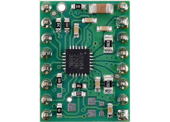 A5984 Stepper Motor Driver Carrier, Fixed 750mA@5V / 500mA@3.3V (Soldered Header Pins), top view.