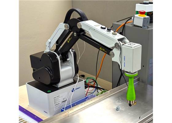 Dobot MG400 with 3D-printed electromagnet end effector packaging Micro Metal Gearmotors.