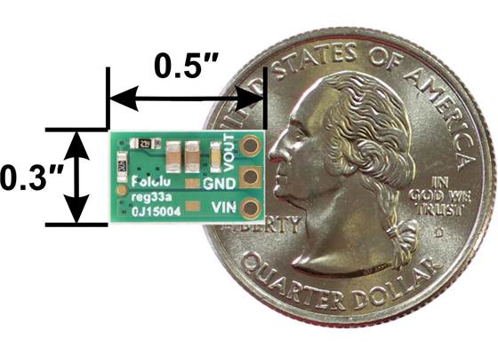 D45V1E1Fx step-down voltage regulator basic dimensions with US quarter for size reference.