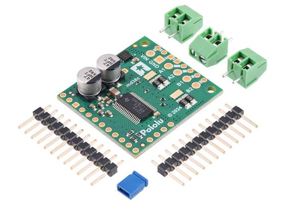 Pololu High-Power Stepper Motor Driver 36v8 with included headers, shorting block, and terminal blocks.