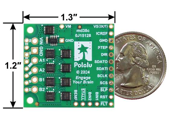 Pololu High-Power Stepper Motor Driver 36v8, bottom view with dimensions.
