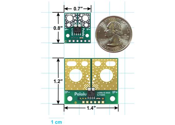 ACS37030 Current Sensor Compact Carrier (top) and Large Carrier (bottom) size comparison.